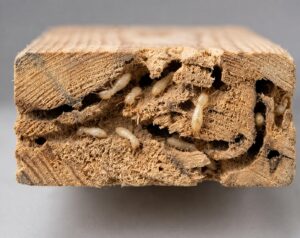 Bois rongé par les termites, galeries visibles en coupe
